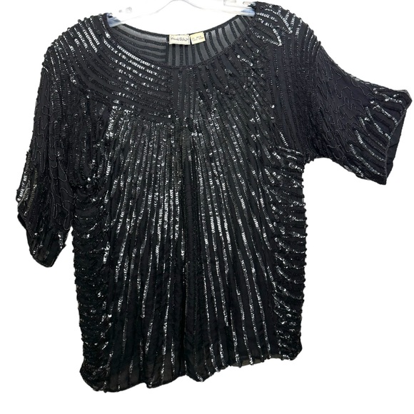Frank Usher Vintage 1980 100% Silk Sequin Beaded Top Evening Crew Lined Black L - Picture 2 of 16